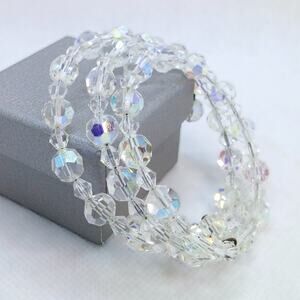 Vintage AB Crystal Wrap Bracelet Mid Century Memory Wire Beaded Elegant Feminine